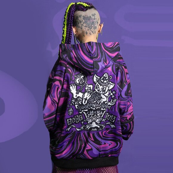 ACDC RAG - Chaaaos Psychedelic Purple Swirl Oversized Zip Up Hoodie - Picture 4 of 5